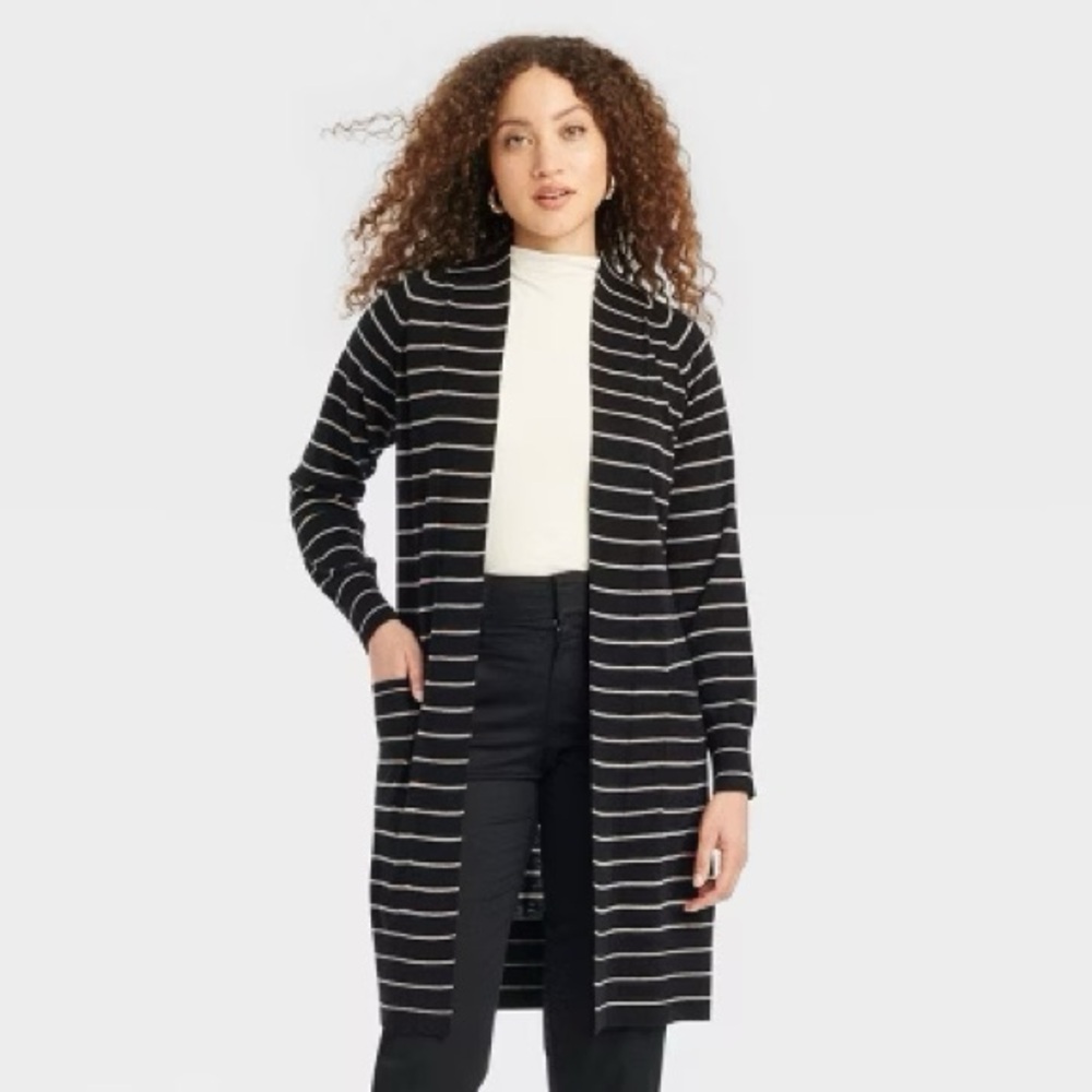 A New Day Black and Taupe Striped Duster Cardigan Sweater